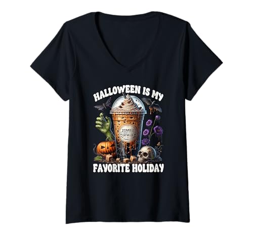 Damen Halloween is My Favorite Holiday Coffee Graphic Zombie Mom T-Shirt mit V-Ausschnitt Damen Halloween is My Favorite Holiday Coffee Graphic Zombie Mom T-Shirt mit V-Ausschnitt von Halloween Coffee Cups Gifts For Coffee Lovers