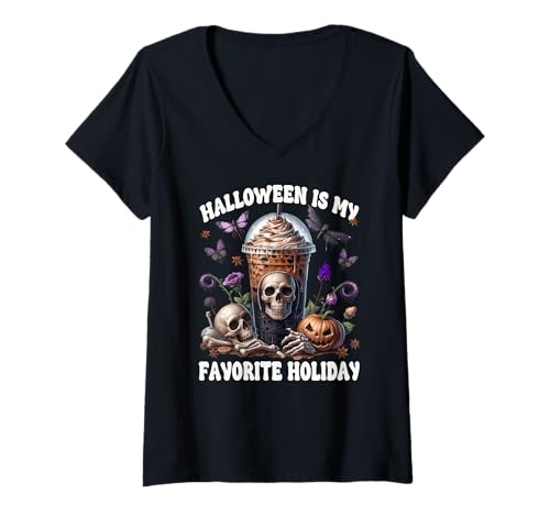 Damen Halloween is My Favorite Holiday Creepy Skeleton Coffee Mug T-Shirt mit V-Ausschnitt Damen Halloween is My Favorite Holiday Creepy Skeleton Coffee Mug T-Shirt mit V-Ausschnitt von Halloween Coffee Cups Gifts For Coffee Lovers