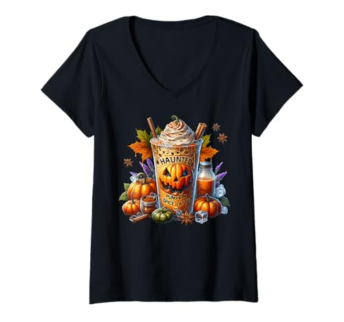 Damen Haunted Pumpkin Spice Latte for Women Funny Coffee Halloween T-Shirt mit V-Ausschnitt Damen Haunted Pumpkin Spice Latte for Women Funny Coffee Halloween T-Shirt mit V-Ausschnitt von Halloween Coffee Cups Gifts For Coffee Lovers