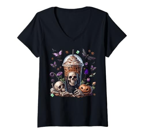Damen Skeleton Halloween Coffee Cup for Women Men Purple Butterfly T-Shirt mit V-Ausschnitt Damen Skeleton Halloween Coffee Cup for Women Men Purple Butterfly T-Shirt mit V-Ausschnitt von Halloween Coffee Cups Gifts For Coffee Lovers