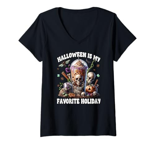 Damen Skeleton Halloween is My Favorite Holiday for Coffee Mom T-Shirt mit V-Ausschnitt Damen Skeleton Halloween is My Favorite Holiday for Coffee Mom T-Shirt mit V-Ausschnitt von Halloween Coffee Cups Gifts For Coffee Lovers