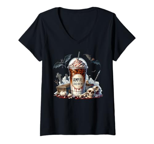 Damen Vampire Coffee Cup Graphic for Women and Men Halloween Bat T-Shirt mit V-Ausschnitt Damen Vampire Coffee Cup Graphic for Women and Men Halloween Bat T-Shirt mit V-Ausschnitt von Halloween Coffee Cups Gifts For Coffee Lovers