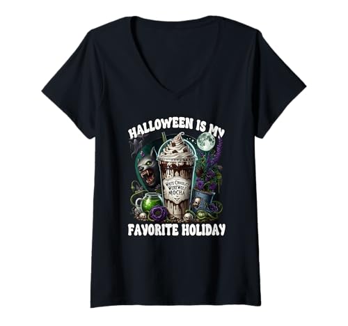 Damen Werewolf Halloween is My Favorite Holiday for Coffee Lover T-Shirt mit V-Ausschnitt Damen Werewolf Halloween is My Favorite Holiday for Coffee Lover T-Shirt mit V-Ausschnitt von Halloween Coffee Cups Gifts For Coffee Lovers