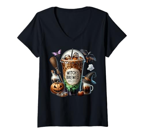 Damen Witch Halloween Iced Coffee Cup for Women Witches Coffee Mom T-Shirt mit V-Ausschnitt Damen Witch Halloween Iced Coffee Cup for Women Witches Coffee Mom T-Shirt mit V-Ausschnitt von Halloween Coffee Cups Gifts For Coffee Lovers