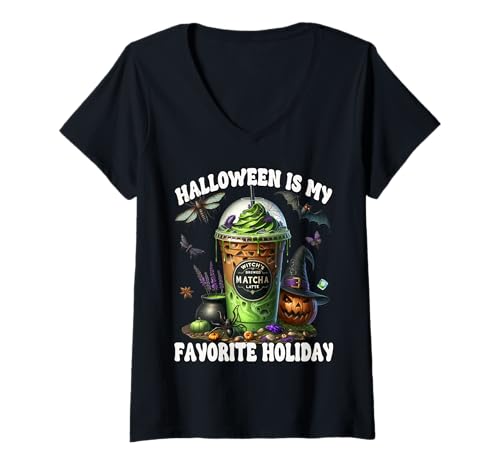 Damen Witch Iced Coffee Cup Halloween is My Favorite Holiday T-Shirt mit V-Ausschnitt Damen Witch Iced Coffee Cup Halloween is My Favorite Holiday T-Shirt mit V-Ausschnitt von Halloween Coffee Cups Gifts For Coffee Lovers