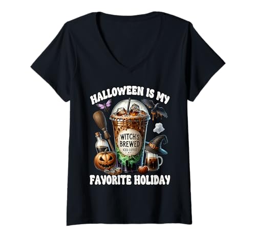 Damen Witches Halloween is My Favorite Holiday for Coffee Lover T-Shirt mit V-Ausschnitt Damen Witches Halloween is My Favorite Holiday for Coffee Lover T-Shirt mit V-Ausschnitt von Halloween Coffee Cups Gifts For Coffee Lovers