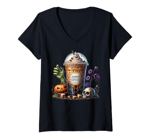 Damen Zombie Brown Sugar Oatmilk Espresso Cup for Halloween Mom T-Shirt mit V-Ausschnitt Damen Zombie Brown Sugar Oatmilk Espresso Cup for Halloween Mom T-Shirt mit V-Ausschnitt von Halloween Coffee Cups Gifts For Coffee Lovers
