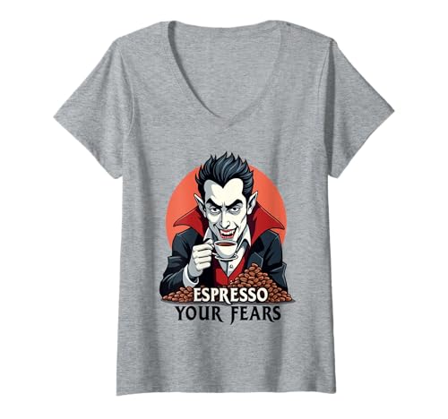 Damen Espresso Your Fears Halloween Vampire T-Shirt mit V-Ausschnitt Damen Espresso Your Fears Halloween Vampire T-Shirt mit V-Ausschnitt von Halloween Coffee Fang Club