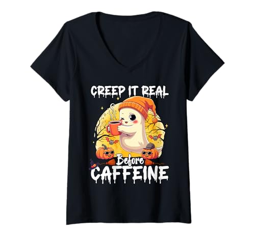 Damen Cute Ghost Coffee Halloween Creep It Real Before Caffeine T-Shirt mit V-Ausschnitt Damen Cute Ghost Coffee Halloween Creep It Real Before Caffeine T-Shirt mit V-Ausschnitt von Halloween Coffee Lover Ghost Pumpkin Costume