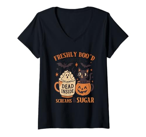 Damen Freshly Boo'd Coffee Dead Inside schreit nach Zucker T-Shirt mit V-Ausschnitt Damen Freshly Boo'd Coffee Dead Inside schreit nach Zucker T-Shirt mit V-Ausschnitt von Halloween Coffee Lover Spooky Fun Mug