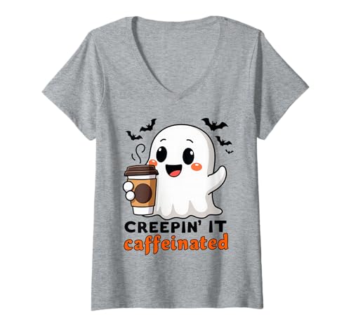 Damen Creepin' It Caffeinated Halloween Ghost T-Shirt mit V-Ausschnitt Damen Creepin' It Caffeinated Halloween Ghost T-Shirt mit V-Ausschnitt von Halloween Coffee Lovers Club