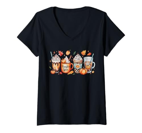 Damen Kaffee Kürbis Latte Spice Kaffee Liebe Herbst Saison Halloween T-Shirt mit V-Ausschnitt Damen Kaffee Kürbis Latte Spice Kaffee Liebe Herbst Saison Halloween T-Shirt mit V-Ausschnitt von Halloween Coffee Pumpkin Latte Spice Coffee Love