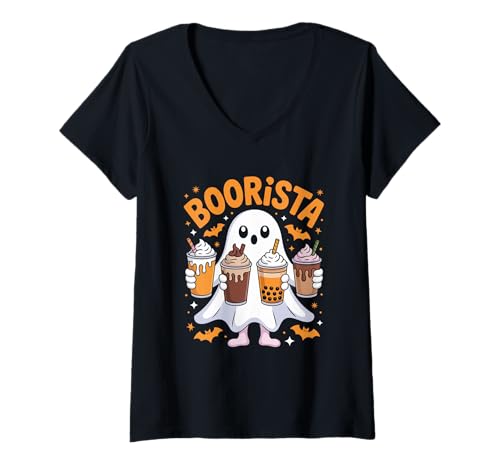 Damen Boorista Funny Boo Ghost Koffeintrinker Halloween Kaffee T-Shirt mit V-Ausschnitt Damen Boorista Funny Boo Ghost Koffeintrinker Halloween Kaffee T-Shirt mit V-Ausschnitt von Halloween Coffee Spooky Coffee Vibes
