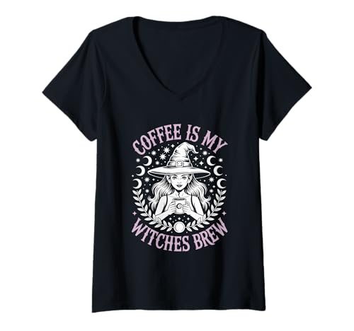 Damen Coffee is My Witches Brew Witchy Vibe Halloween-Kaffee T-Shirt mit V-Ausschnitt Damen Coffee is My Witches Brew Witchy Vibe Halloween-Kaffee T-Shirt mit V-Ausschnitt von Halloween Coffee Spooky Coffee Vibes