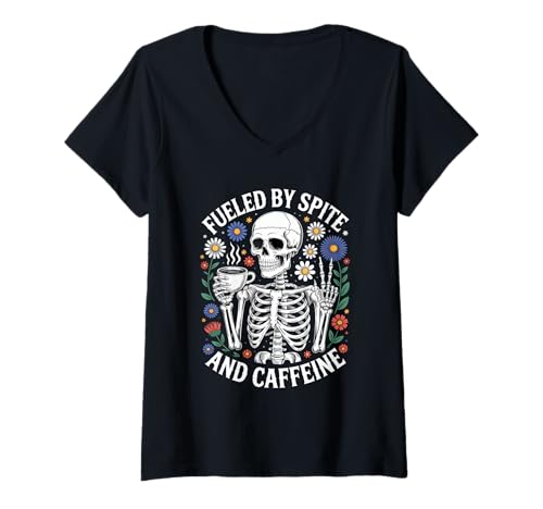 Damen Fueled by Caffeine Cottagecore Skelett Halloween Kaffee T-Shirt mit V-Ausschnitt Damen Fueled by Caffeine Cottagecore Skelett Halloween Kaffee T-Shirt mit V-Ausschnitt von Halloween Coffee Spooky Coffee Vibes