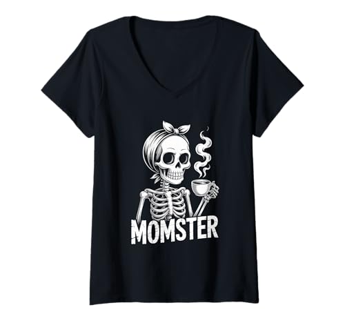 Damen Lustiges Momster Skelett Koffein Liebhaber Halloween Kaffee T-Shirt mit V-Ausschnitt Damen Lustiges Momster Skelett Koffein Liebhaber Halloween Kaffee T-Shirt mit V-Ausschnitt von Halloween Coffee Spooky Coffee Vibes
