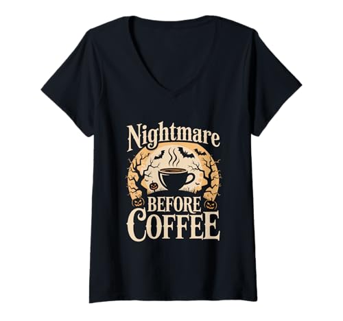 Damen Nightmare Before Coffee Gruseliger Halloween-Kaffee T-Shirt mit V-Ausschnitt Damen Nightmare Before Coffee Gruseliger Halloween-Kaffee T-Shirt mit V-Ausschnitt von Halloween Coffee Spooky Coffee Vibes