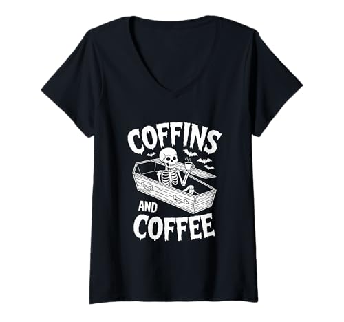 Damen Särge & Kaffee Lustiges Skelett Halloween Kaffee T-Shirt mit V-Ausschnitt Damen Särge & Kaffee Lustiges Skelett Halloween Kaffee T-Shirt mit V-Ausschnitt von Halloween Coffee Spooky Coffee Vibes