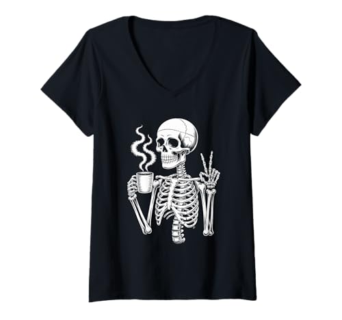 Damen Skelett Koffein Liebhaber Gruseliger Halloween Kaffee T-Shirt mit V-Ausschnitt Damen Skelett Koffein Liebhaber Gruseliger Halloween Kaffee T-Shirt mit V-Ausschnitt von Halloween Coffee Spooky Coffee Vibes