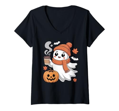 Damen Süßer Kawaii Boo Ghost Koffein-Liebhaber Halloween Kaffee T-Shirt mit V-Ausschnitt Damen Süßer Kawaii Boo Ghost Koffein-Liebhaber Halloween Kaffee T-Shirt mit V-Ausschnitt von Halloween Coffee Spooky Coffee Vibes