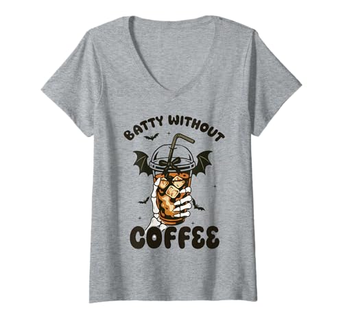 Damen Halloween Kaffee Lustiger Batty Ohne Kaffee Fledermaus Skelett T-Shirt mit V-Ausschnitt von Halloween Coffee Tees of NYC