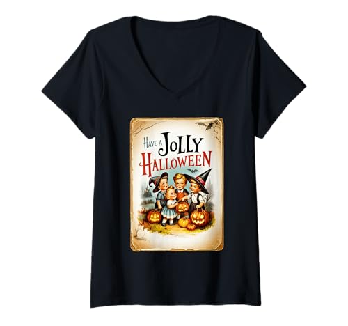Damen Bunte Retro-Vintage-Halloween-Zitate T-Shirt mit V-Ausschnitt Damen Bunte Retro-Vintage-Halloween-Zitate T-Shirt mit V-Ausschnitt von Halloween Collection
