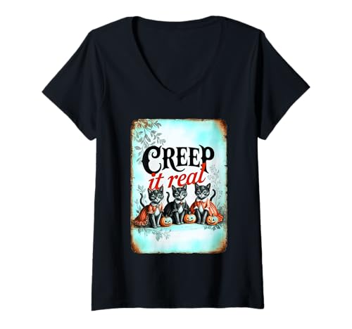 Damen Bunte Retro-Vintage-Halloween-Zitate T-Shirt mit V-Ausschnitt Damen Bunte Retro-Vintage-Halloween-Zitate T-Shirt mit V-Ausschnitt von Halloween Collection