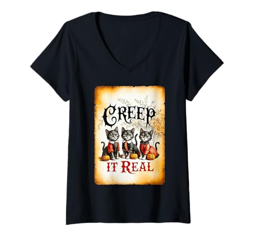 Damen Bunte Retro-Vintage-Halloween-Zitate T-Shirt mit V-Ausschnitt Damen Bunte Retro-Vintage-Halloween-Zitate T-Shirt mit V-Ausschnitt von Halloween Collection