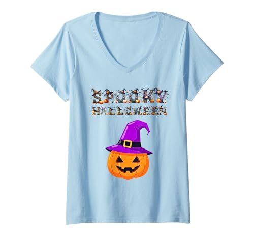 Damen Vintage Lustig Bunt Gruseliges Halloween T-Shirt mit V-Ausschnitt Damen Vintage Lustig Bunt Gruseliges Halloween T-Shirt mit V-Ausschnitt von Halloween Collection