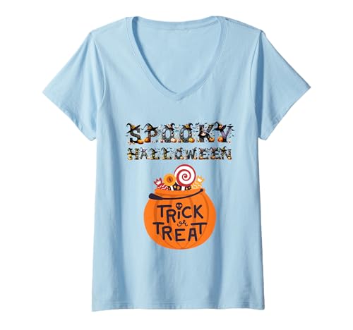 Damen Vintage Lustig Bunt Gruseliges Halloween T-Shirt mit V-Ausschnitt Damen Vintage Lustig Bunt Gruseliges Halloween T-Shirt mit V-Ausschnitt von Halloween Collection