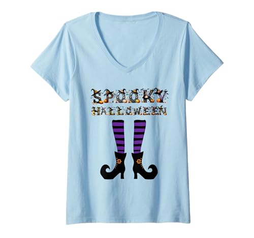 Damen Vintage Lustig Bunt Gruseliges Halloween T-Shirt mit V-Ausschnitt Damen Vintage Lustig Bunt Gruseliges Halloween T-Shirt mit V-Ausschnitt von Halloween Collection