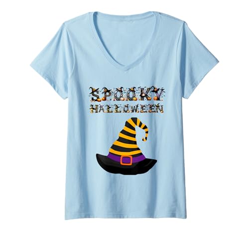 Damen Vintage Lustig Bunt Gruseliges Halloween T-Shirt mit V-Ausschnitt Damen Vintage Lustig Bunt Gruseliges Halloween T-Shirt mit V-Ausschnitt von Halloween Collection