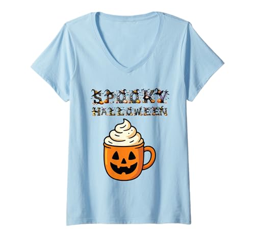 Damen Vintage Lustig Bunt Gruseliges Halloween T-Shirt mit V-Ausschnitt Damen Vintage Lustig Bunt Gruseliges Halloween T-Shirt mit V-Ausschnitt von Halloween Collection