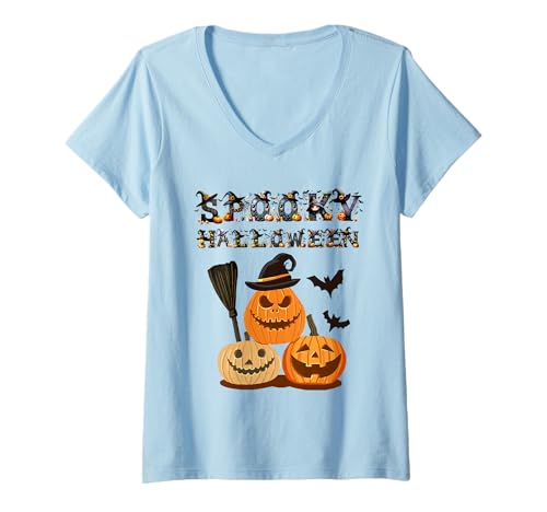 Damen Vintage Lustig Bunt Gruseliges Halloween T-Shirt mit V-Ausschnitt Damen Vintage Lustig Bunt Gruseliges Halloween T-Shirt mit V-Ausschnitt von Halloween Collection