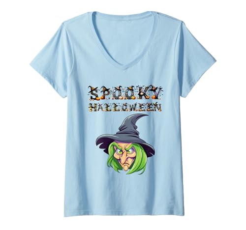Damen Vintage Lustig Bunt Gruseliges Halloween T-Shirt mit V-Ausschnitt Damen Vintage Lustig Bunt Gruseliges Halloween T-Shirt mit V-Ausschnitt von Halloween Collection