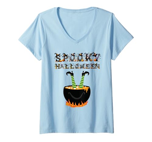 Damen Vintage Lustig Bunt Gruseliges Halloween T-Shirt mit V-Ausschnitt Damen Vintage Lustig Bunt Gruseliges Halloween T-Shirt mit V-Ausschnitt von Halloween Collection