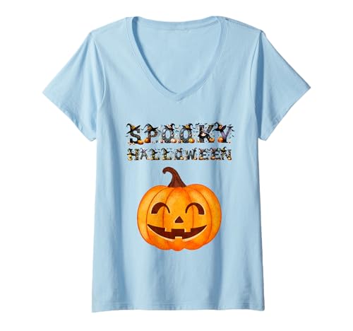 Damen Vintage Lustig Bunt Gruseliges Halloween T-Shirt mit V-Ausschnitt Damen Vintage Lustig Bunt Gruseliges Halloween T-Shirt mit V-Ausschnitt von Halloween Collection