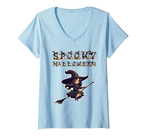 Damen Vintage Lustig Bunt Gruseliges Halloween T-Shirt mit V-Ausschnitt Damen Vintage Lustig Bunt Gruseliges Halloween T-Shirt mit V-Ausschnitt von Halloween Collection