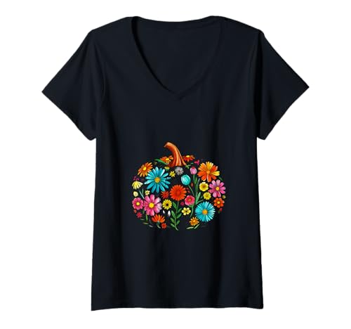 Damen Vintage bunter Thanksgiving Kürbis T-Shirt mit V-Ausschnitt Damen Vintage bunter Thanksgiving Kürbis T-Shirt mit V-Ausschnitt von Halloween Collection