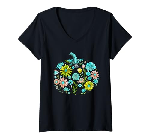Damen Vintage bunter Thanksgiving Kürbis T-Shirt mit V-Ausschnitt Damen Vintage bunter Thanksgiving Kürbis T-Shirt mit V-Ausschnitt von Halloween Collection