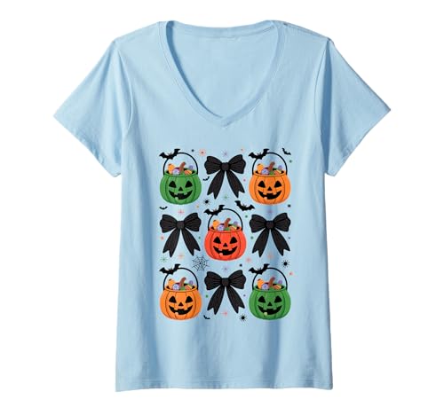 Damen Cute Coquette Bow Pumpkin Season Halloween Autumn Fall Women T-Shirt mit V-Ausschnitt Damen Cute Coquette Bow Pumpkin Season Halloween Autumn Fall Women T-Shirt mit V-Ausschnitt von Halloween Coquette Bow Pumpkin Ghost Tee