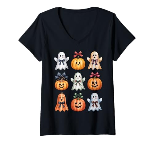 Damen Halloween Coquette Bow Pumpkin Ghost Spooky Boo Women Girls T-Shirt mit V-Ausschnitt Damen Halloween Coquette Bow Pumpkin Ghost Spooky Boo Women Girls T-Shirt mit V-Ausschnitt von Halloween Coquette Bow Pumpkin Ghost Tee