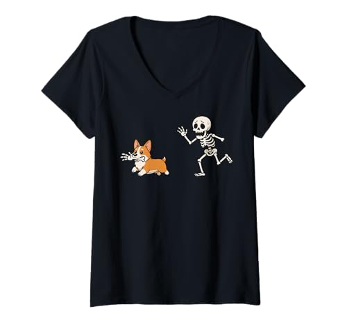 Damen Corgi Skelett Hand Halloween T-Shirt mit V-Ausschnitt Damen Corgi Skelett Hand Halloween T-Shirt mit V-Ausschnitt von Halloween Corgi Welsh Corgi Gruselig Lustig Kostüm