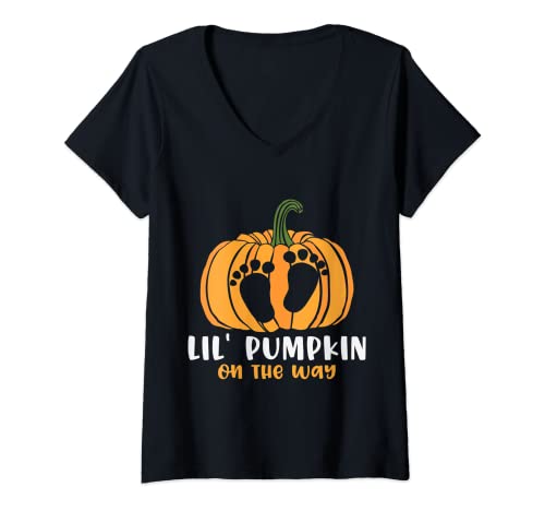 Damen Lil Pumpkin on the Way Schwangeres Halloween-Kostüm T-Shirt mit V-Ausschnitt von Halloween Costume Art Designs Gift-Pregnant
