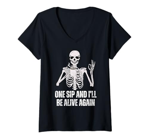 Damen Kaffeetrinken-Skelett EIN Schluck und ich werde Wieder am Leben Sein T-Shirt mit V-Ausschnitt von Halloween Costume Coffee Drinking Skeleton