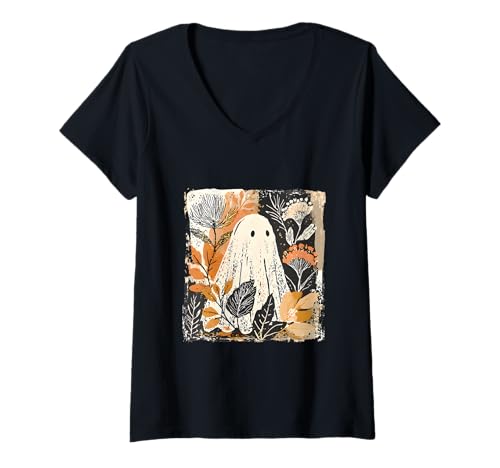 Damen Halloween Fall Ghost Boho Flower Girly Floral Spooky Season T-Shirt mit V-Ausschnitt Damen Halloween Fall Ghost Boho Flower Girly Floral Spooky Season T-Shirt mit V-Ausschnitt von Halloween Costume Gifts Shirts Men Women Kids