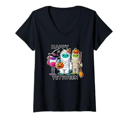 Damen Happy Yetiween Feiern Sie Halloween-Spaß mit niedlichen Monstern T-Shirt mit V-Ausschnitt Damen Happy Yetiween Feiern Sie Halloween-Spaß mit niedlichen Monstern T-Shirt mit V-Ausschnitt von Halloween Costume Halloween Party Outfit & Co