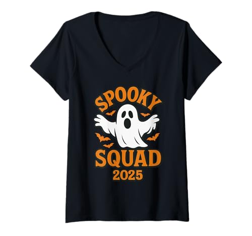 Damen Spooky Squad 2025 Creepy Ghost Boo, passend zur Familie, Halloween T-Shirt mit V-Ausschnitt Damen Spooky Squad 2025 Creepy Ghost Boo, passend zur Familie, Halloween T-Shirt mit V-Ausschnitt von Halloween Costume Matching Family Men Women Kids
