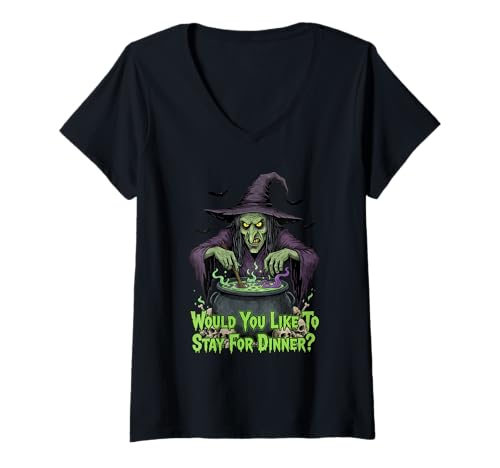 Damen Bleibt die Halloween-Hexe zum Abendessen? T-Shirt mit V-Ausschnitt Damen Bleibt die Halloween-Hexe zum Abendessen? T-Shirt mit V-Ausschnitt von Halloween Costume Scary Witch Funny Designs