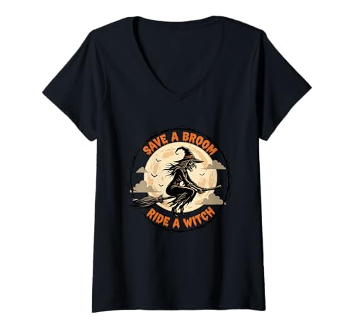 Damen Halloween-Hexen retten einen Besen reiten eine Hexe T-Shirt mit V-Ausschnitt Damen Halloween-Hexen retten einen Besen reiten eine Hexe T-Shirt mit V-Ausschnitt von Halloween Costume Scary Witch Funny Designs